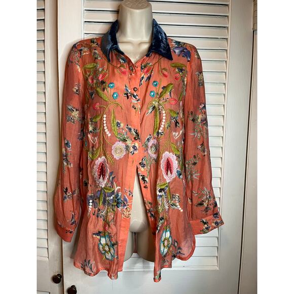 Vintage Soft Surroundings vintage embroidered blouse velvet collar oversized PXS - Picture 1 of 6